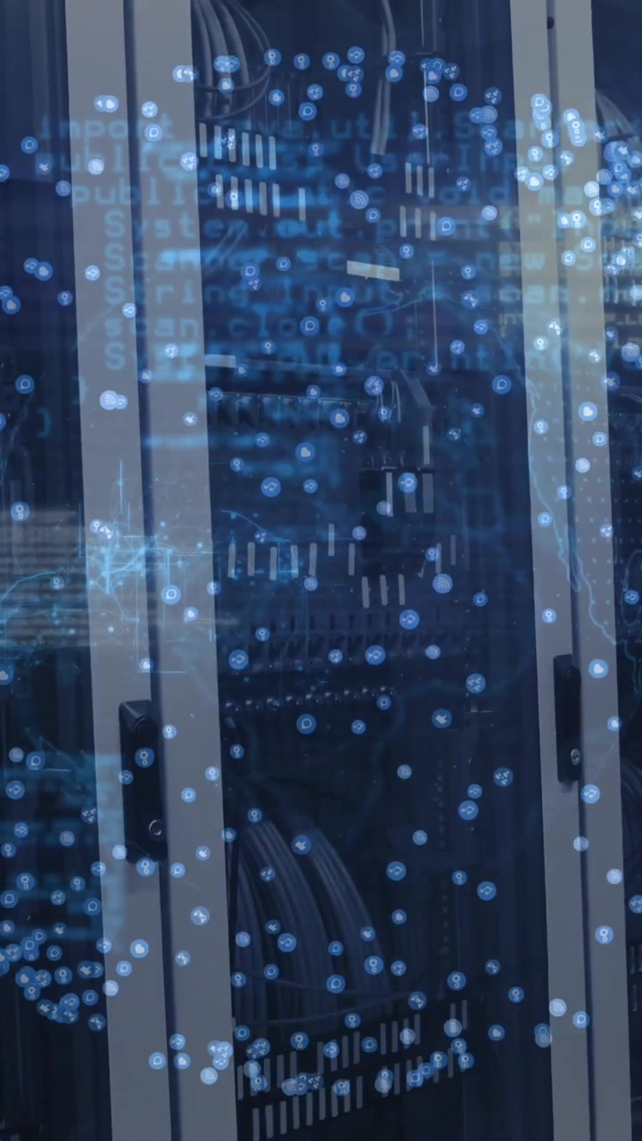 Animation of data processing and globe over server room