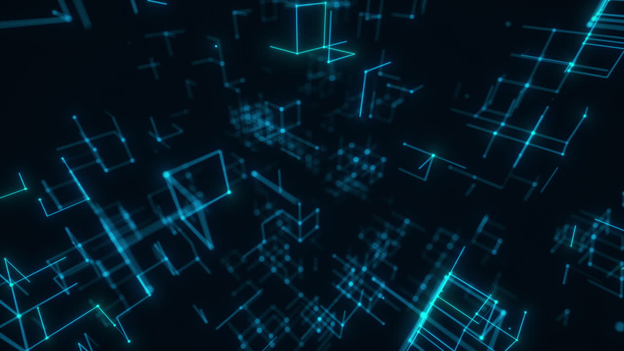 Blue Digital Grid of Floating Cubes in Futuristic Perspective. Looped 3D rendering