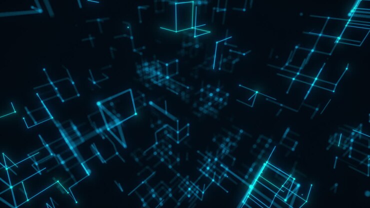 Griglia digitale blu di cubi fluttuanti in prospettiva futuristica. Rendering 3D in loop