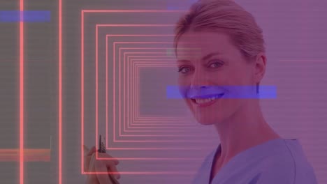 Animation-of-shapes-over-caucasian-female-doctor-with-clipboard