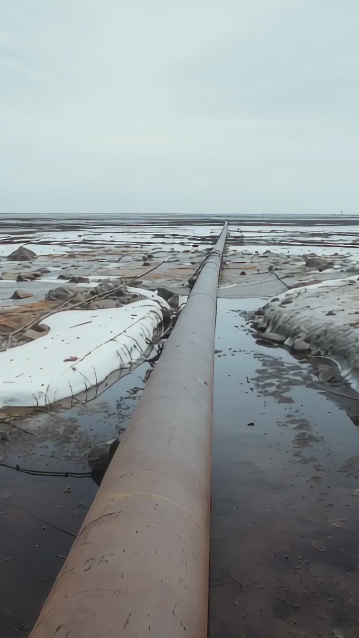 Vertical video: Opening shot panning along rusted pipeline at tidal flat, revealing white booms