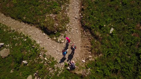 Senderismo-Familiar-En-Los-Alpes-Suizos,-Vista-Superior-Por-Drone