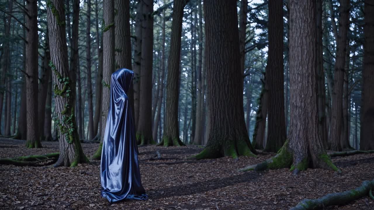 A mysterious figure in a dark cloak stands in a dense forest