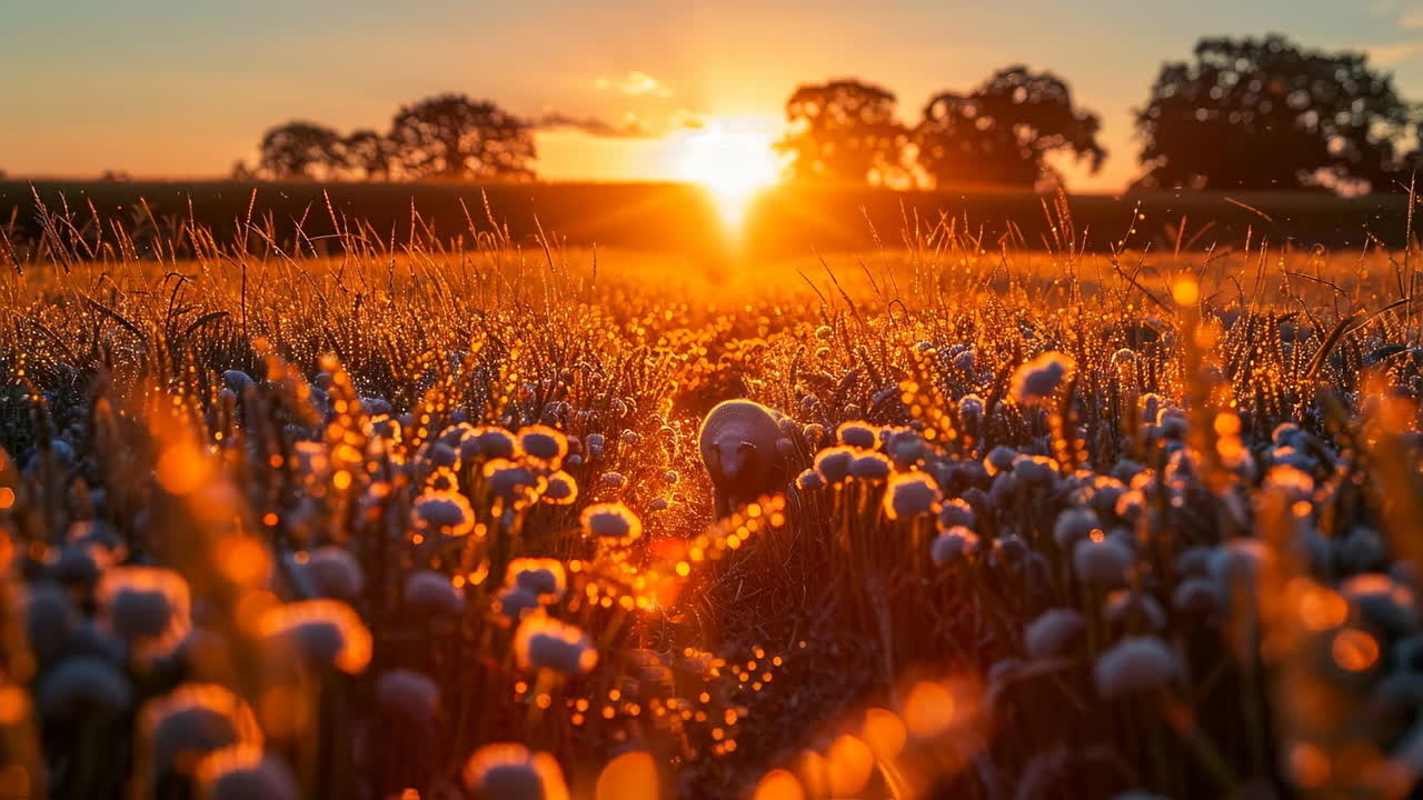 Sunset walk through a dewy field. A small white animal strolls among glowing flowers during a golden sunset in a tranquil field setting