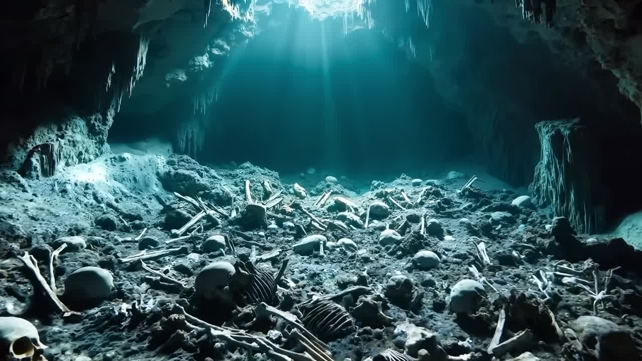 una cueva llena de muchos cráneos y huesos