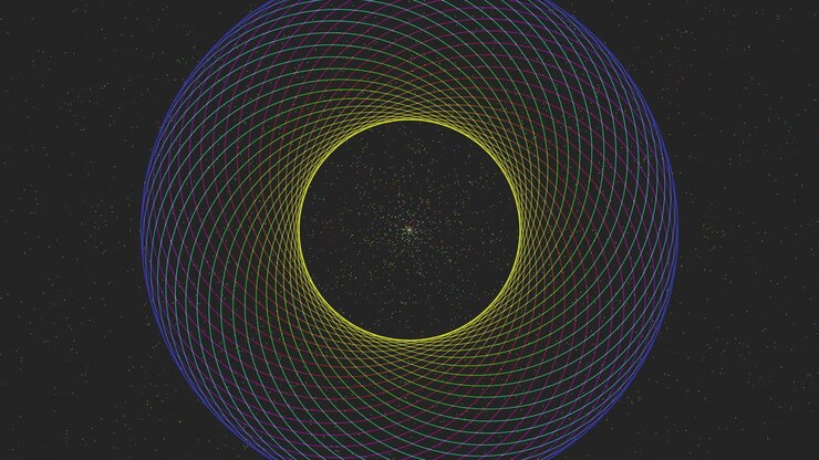 Levende geometrisk sirkeltunnel laget av flerfargede linjer over en stjerneklar rombakgrunn. Hypnotiske abstrakte opptak ideelt for vitenskap, teknologi, musikkvisualiseringer, bevegelsesgrafikk og bakgrunner.
