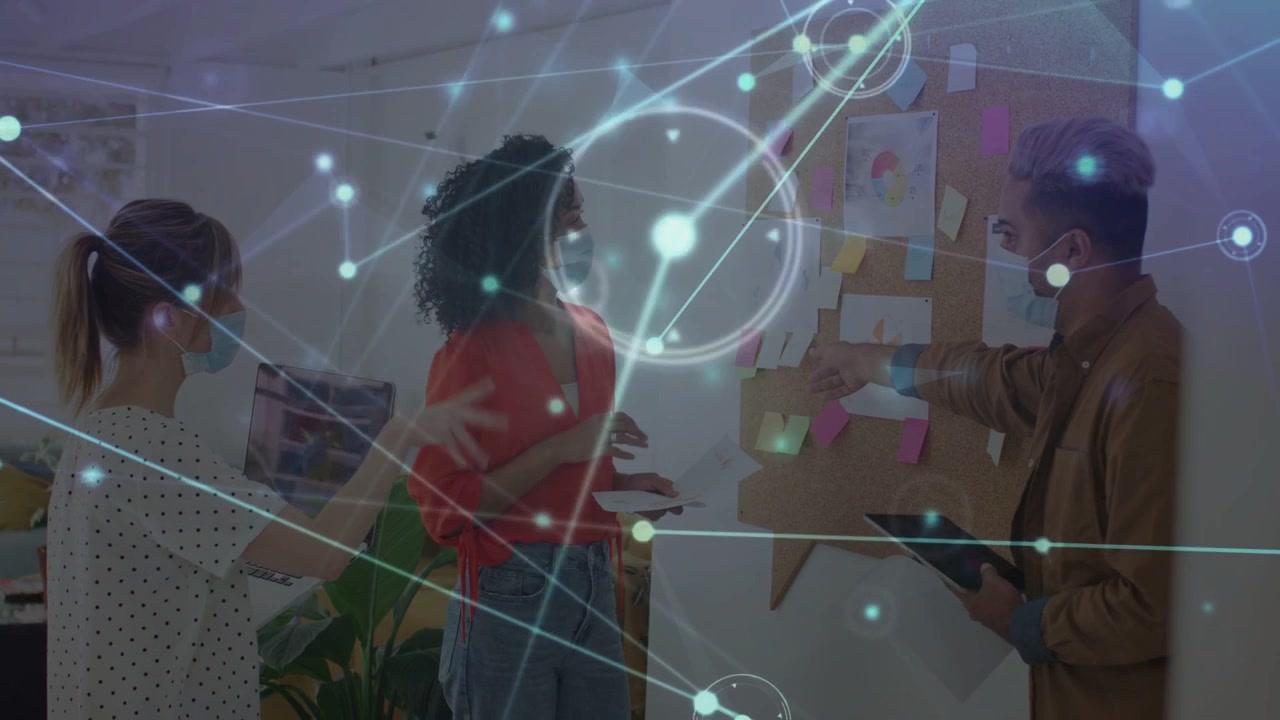 Right person pointing at board starting biz plan, team using tablet, network linking notes