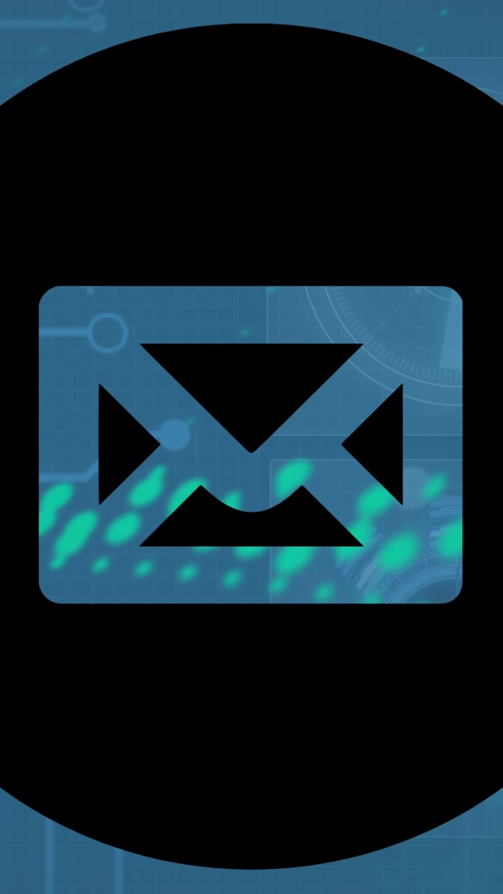 Animation of message icon over interface with data processing against blue background