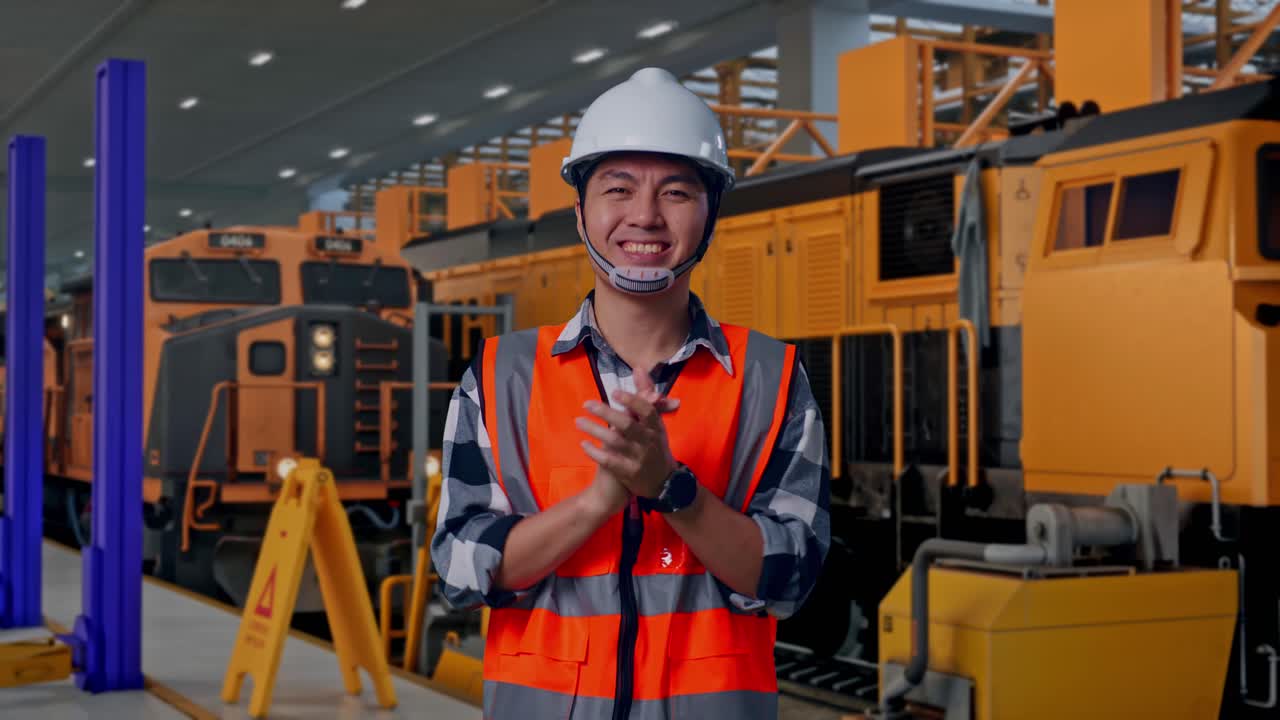Ingegnere asiatico con casco di sicurezza sorridente che applaude mentre è in piedi, ingegneri addetti alla manutenzione dei treni in un deposito