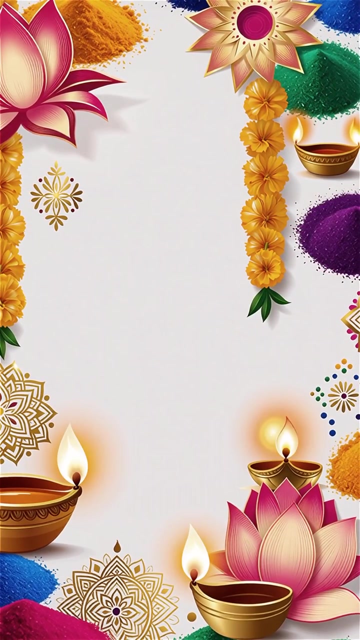 Sfondo Diwali con Diyas luminosi, Rangoli e fiori di loto