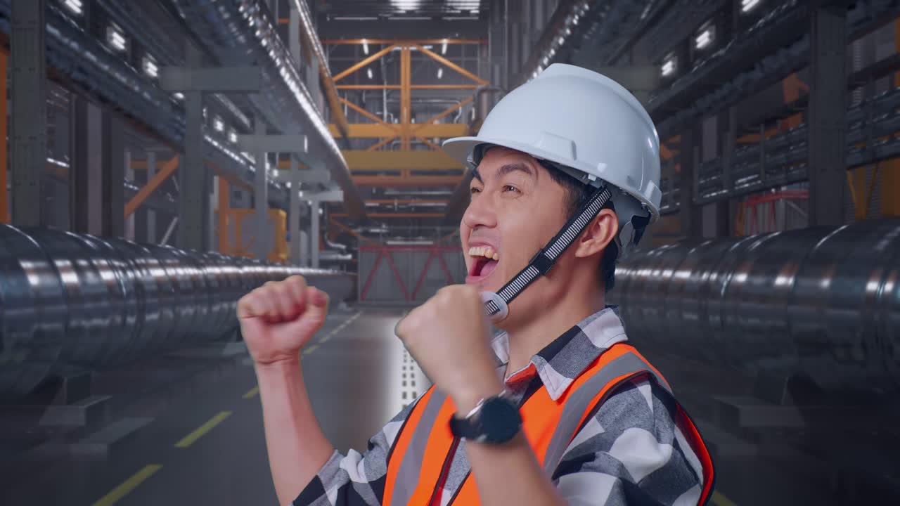 행복한 엔지니어가 공장에서 성공을 축하하고 있습니다.