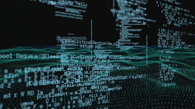 Animation of data processing over dark background