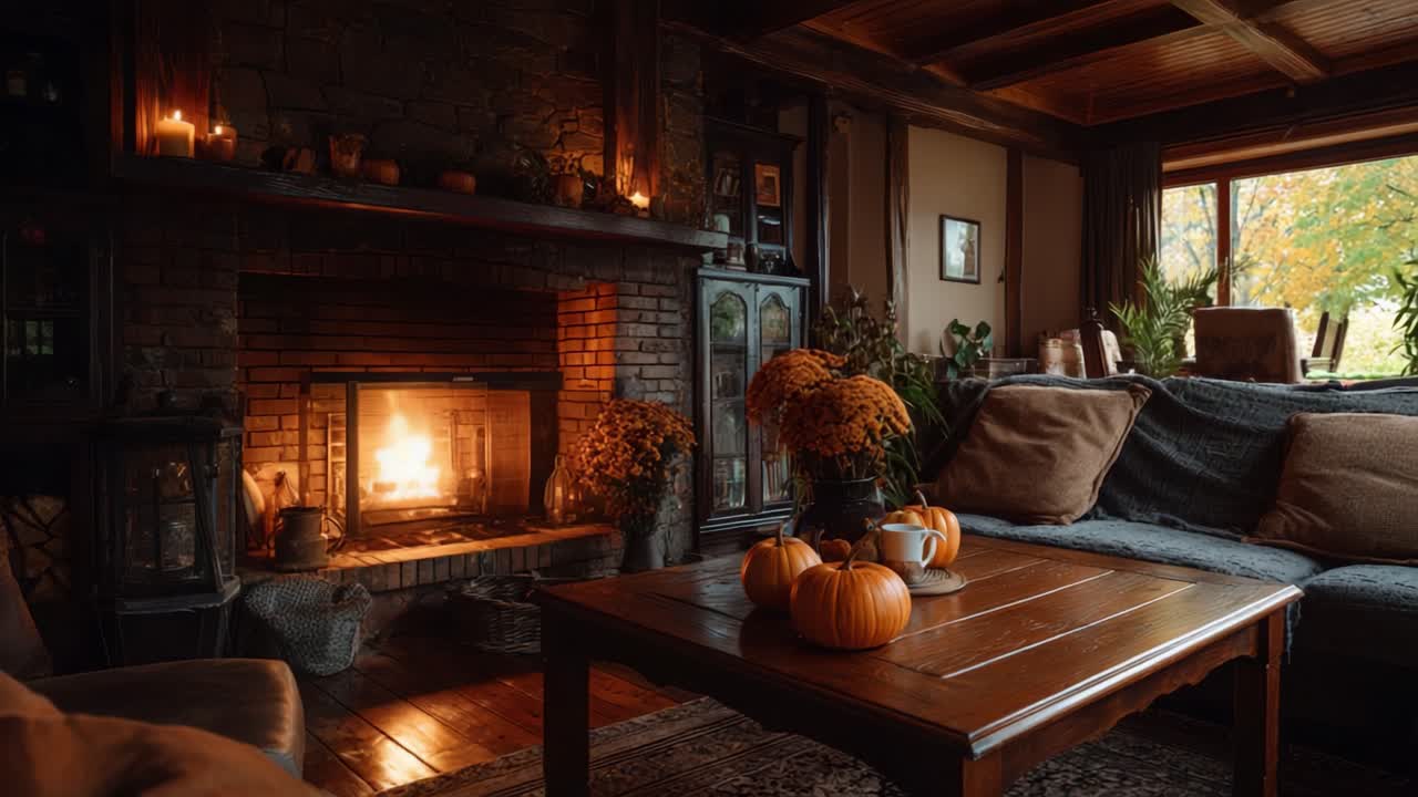 A Cozy Autumn Retreat: Serene Living Room with Fireplace, Warm Lighting, and Seasonal Decor of Pumpkins and Flowers in a Rustic Setting