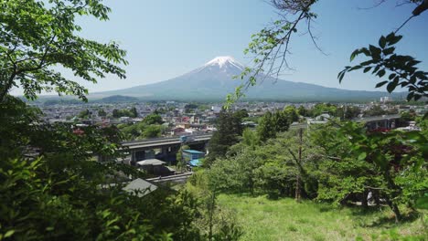 mount fuji on a sunny day seen among trees and a busy highway in fujiyoshida yamanashi japan