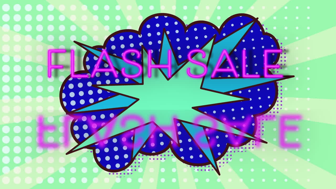 녹색 배경에 레트로 음성 거품 위에 플래시 판매 텍스트의 애니메이션