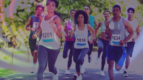 running marathon participants with race numbers over animation of swirling blue lines