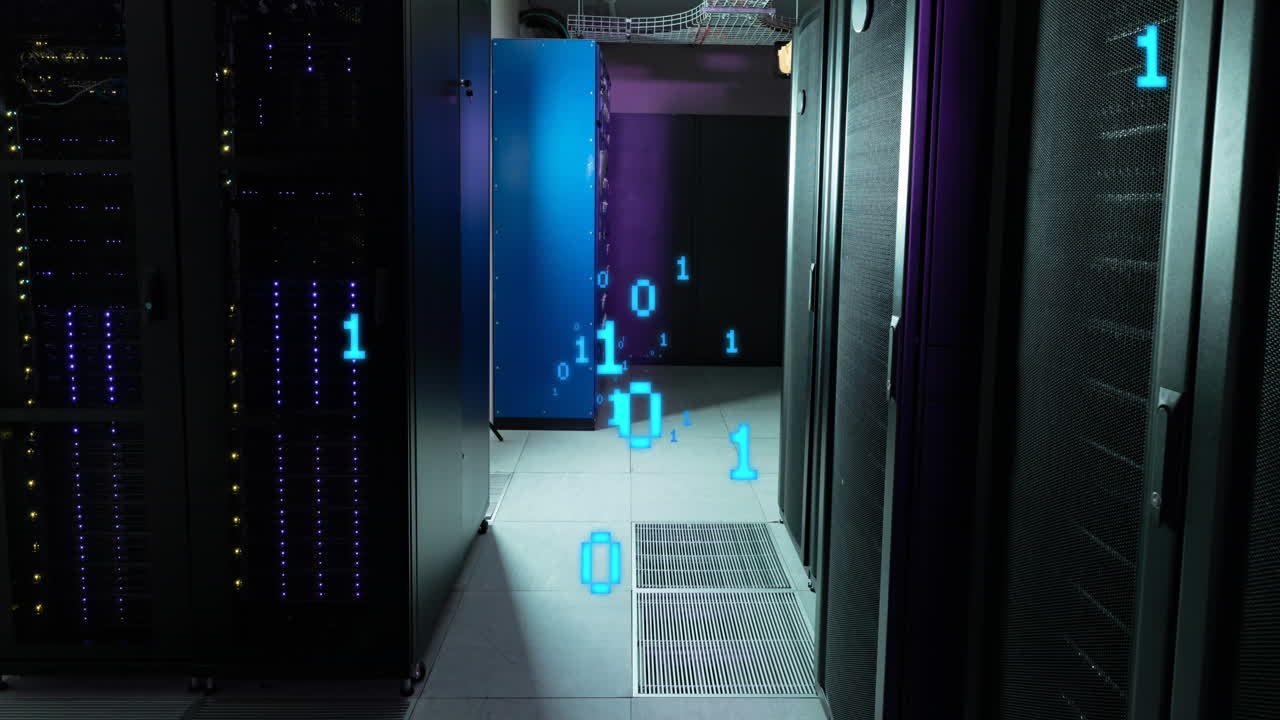 animación del procesamiento de datos de codificación binaria contra la sala de servidores de computadoras