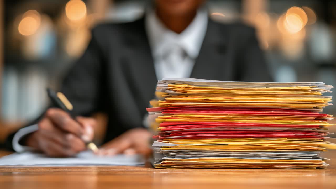 Focused Professional Reviewing Documents in an Office Setting with a Stack of Colorful Papers and a Pen Ready for Notation