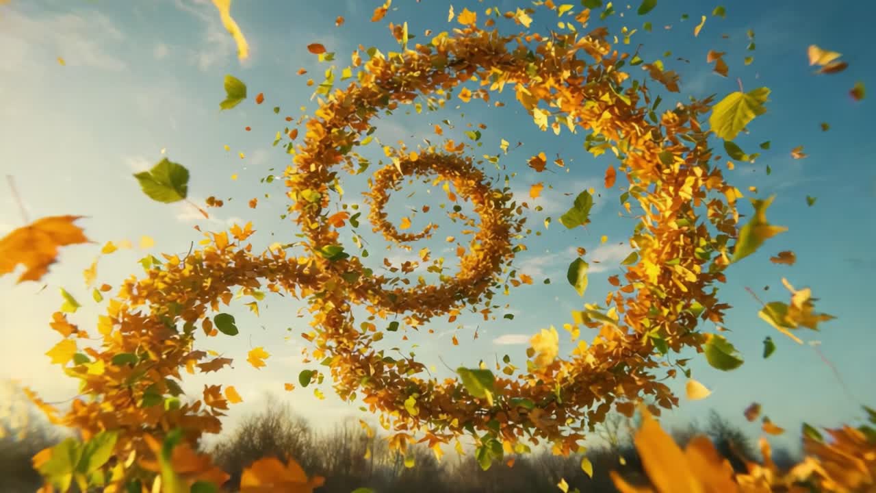 Whirling Autumn Leaves: A Dynamic Spiral of Colorful Foliage Twirling in the Breeze Amidst a Clear Blue Sky, Capturing the Essence of Fall's Beauty and Serenity
