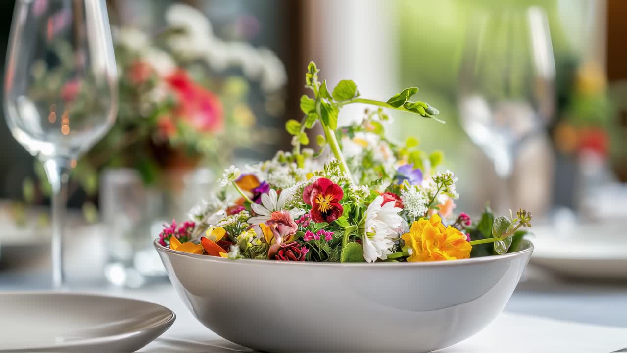 Colorful flowers and pea sprout creating elegant centerpiece in gray bowl, showcasing vibrant natural beauty within minimalist dining table setting
