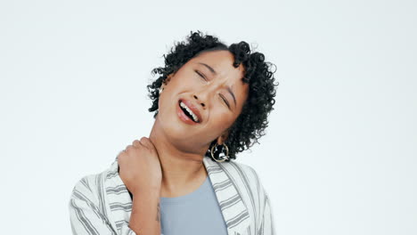 Neck,-pain-and-woman-in-studio-with-stress