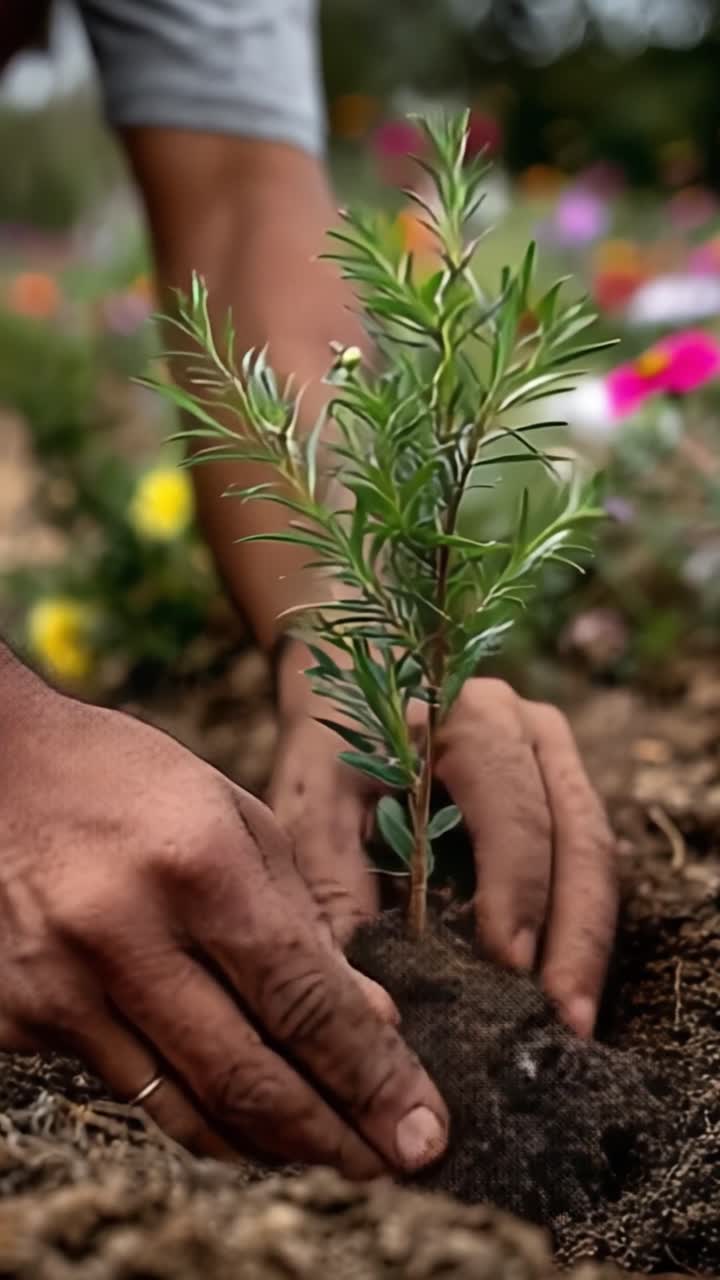 Coltivare la crescita: un viaggio ravvicinato di piantagione e cura di una giovane piantina in un colorato ambiente da giardino