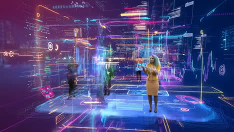 people interacting with futuristic digital data in a virtual metaverse environment