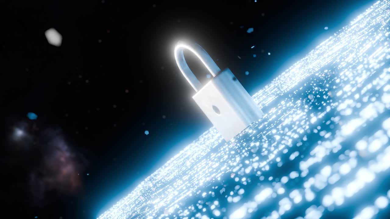 Metal padlock standing on glowing blue digital surface in dark space. Cyber security and data protection concept. Design for poster, banner, wallpaper, header