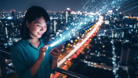 a woman interacts with her smartphone, illuminated by vibrant digital graphics representing data flow and connectivity against a dazzling city skyline at night