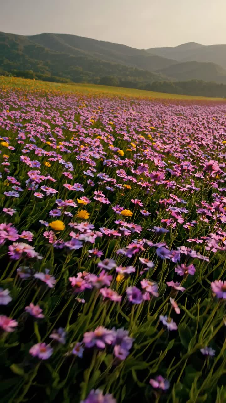 A vibrant field of purple flowers stretches towards distant mountains
