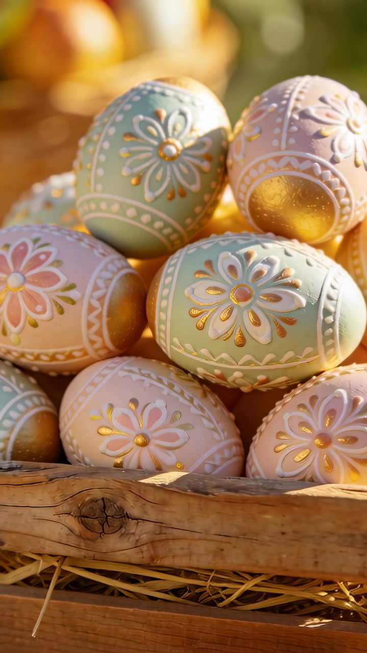 Stack of decorated pastel eggs in crate, camera shifting, revealing gold accents, showcasing decor