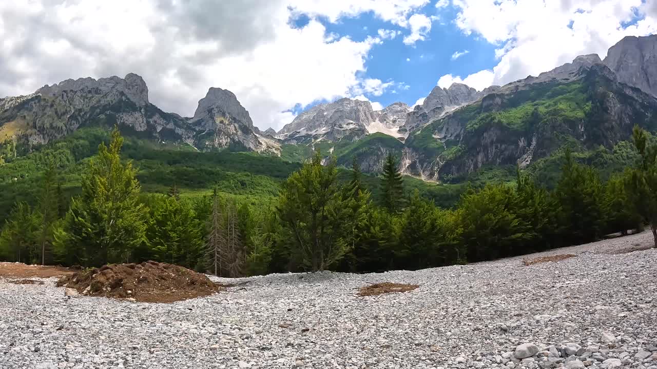 Paesaggio montano con alberi e terreno roccioso