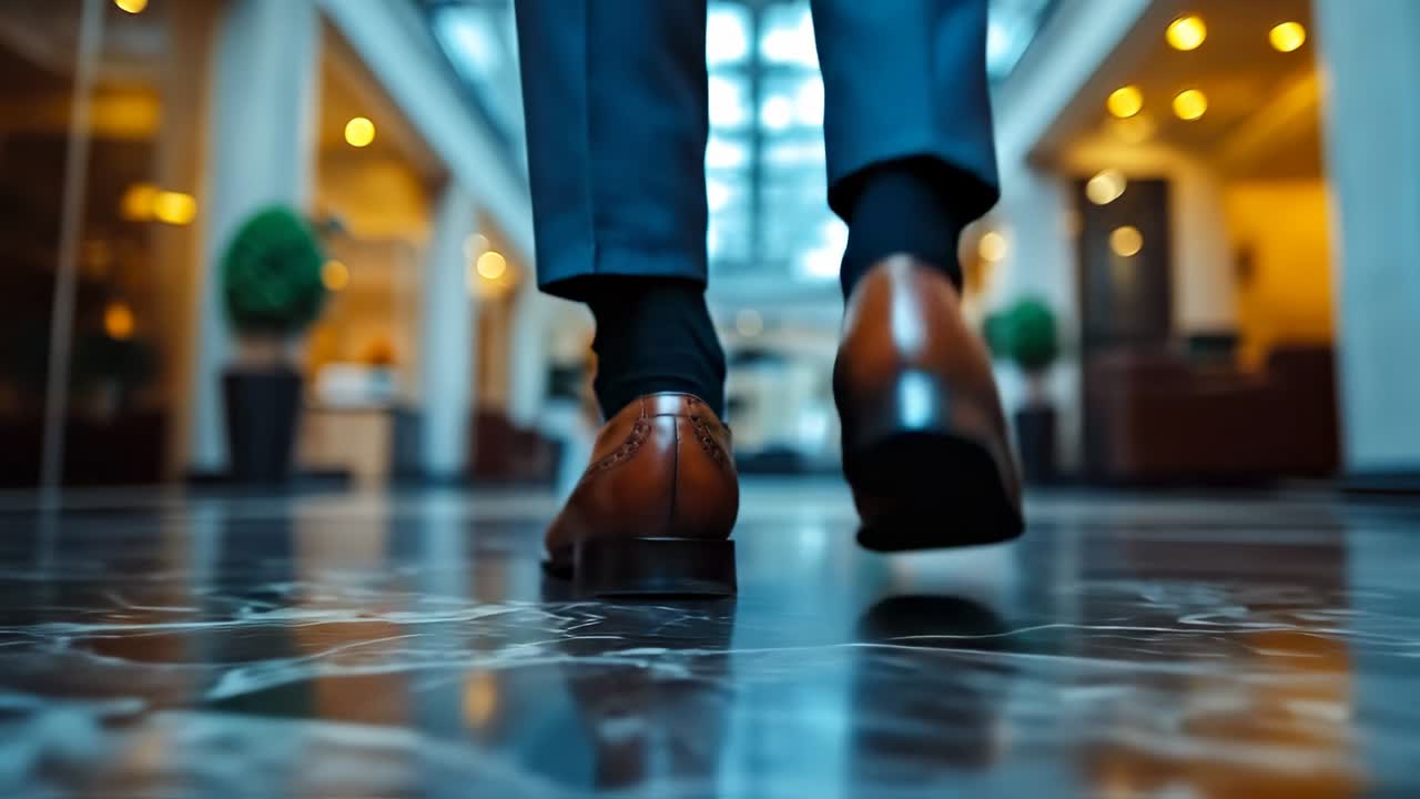Bir adam lobide kahverengi ayakkabılarla yürüyor. Adam, otel lobisinde kahverengi rugan ayakkabılarıyla yürürken, arka planda başkaları da yakınlarda duruyor ve yukarıdan ışıklar parlıyor.