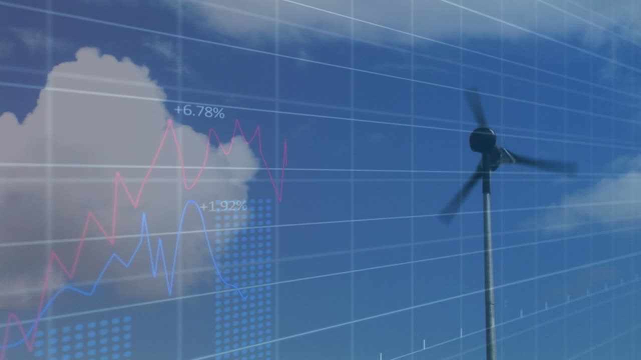 푸른 하늘의 구름에 대항하여 회전하는 풍차를 통해 통계 데이터 처리의 애니메이션