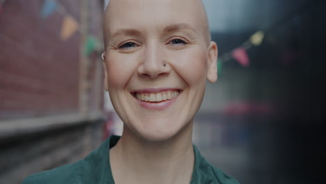 smiling bald woman