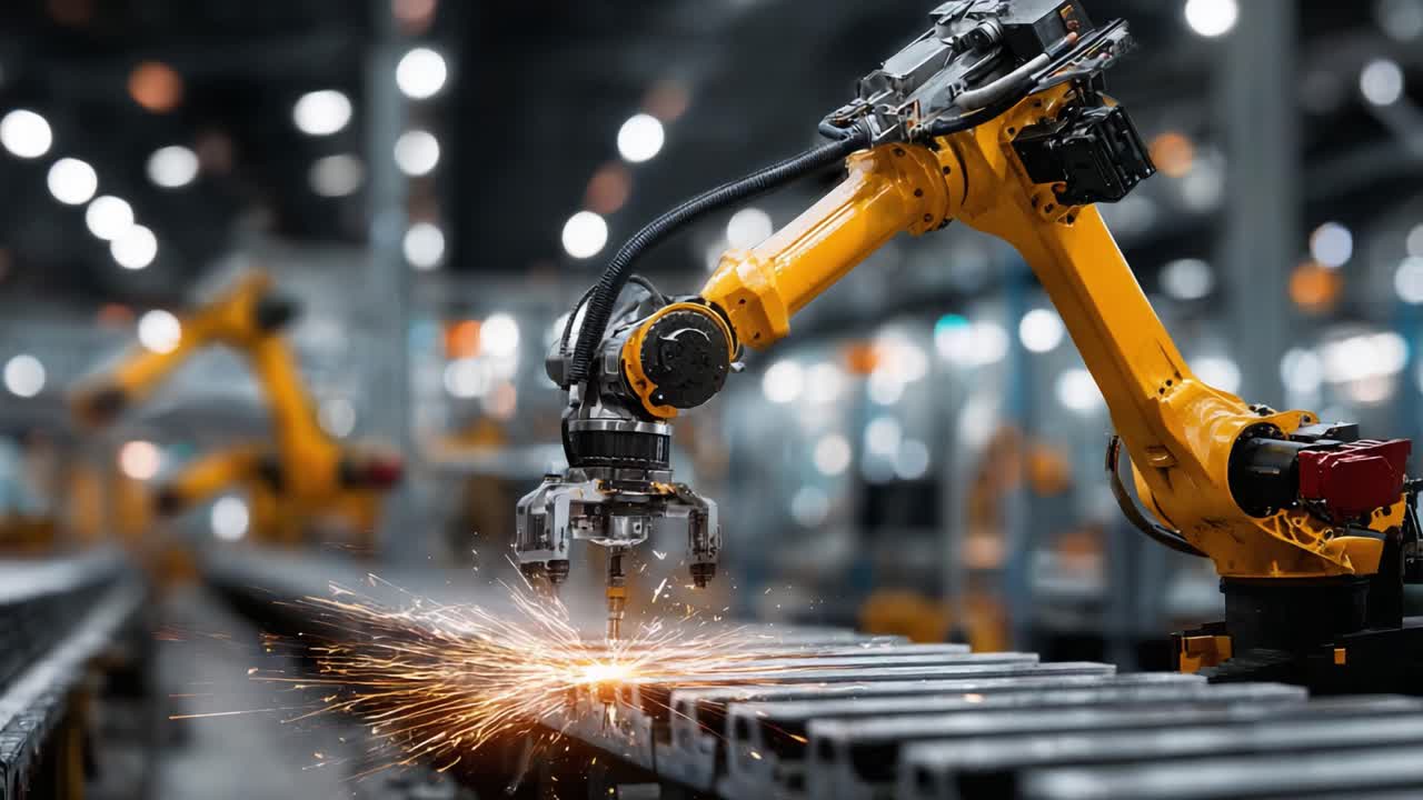 Advanced Industrial Robotic Arm Performing Precision Metal Cutting with Sparks and Smoke in High-Tech Manufacturing Environment