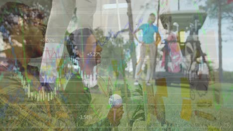 Animation-Von-Statistiken-Und-Datenverarbeitung-über-Die-Beine-Eines-Männlichen-Golfspielers-Mit-Golfschläger-Und-Ball