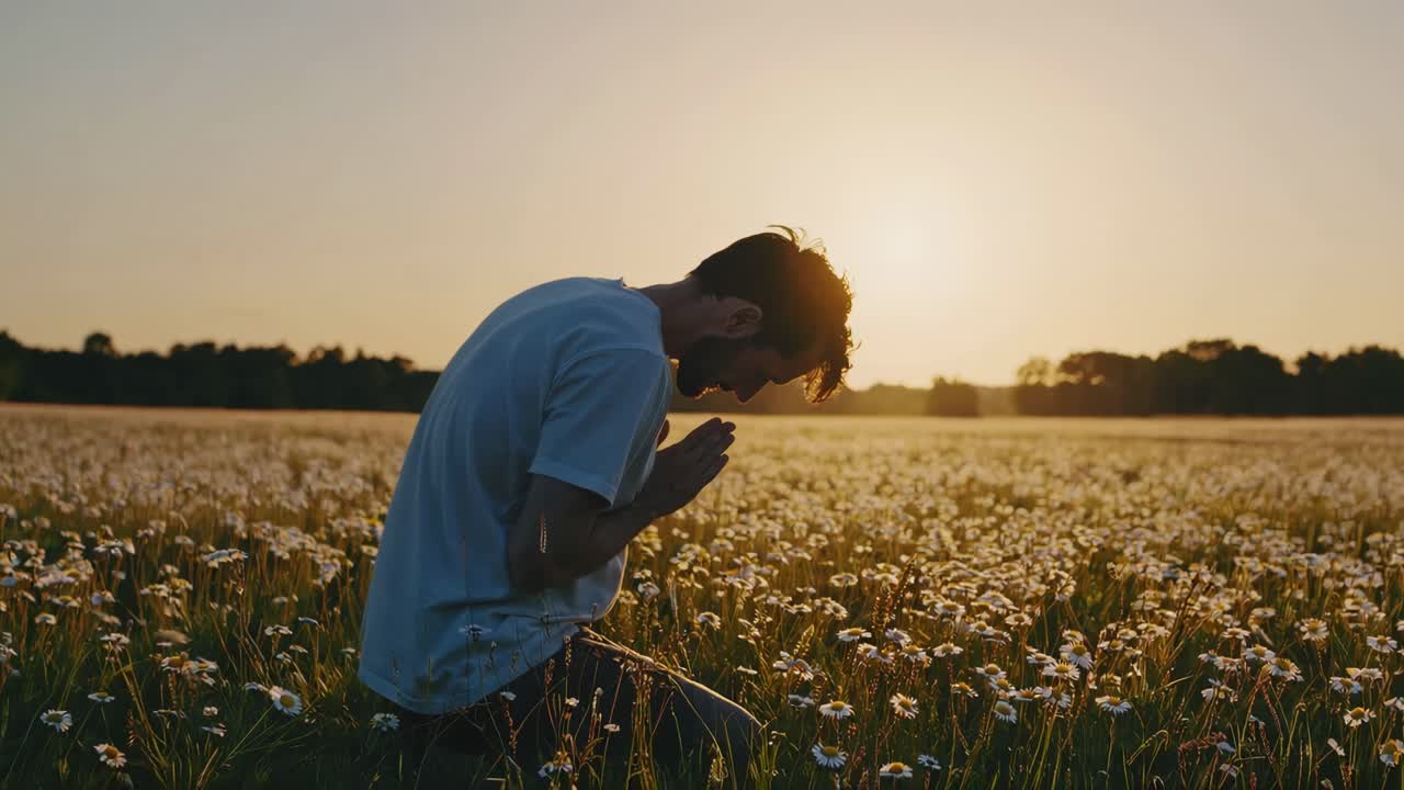 해가 지면 꽃에서 기도하는 남자
