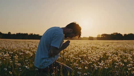 man praying in a field of flowers at sunset