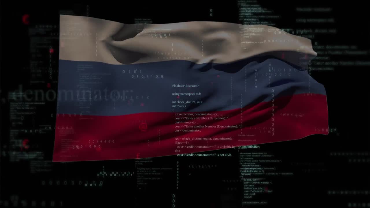 animación del procesamiento de datos sobre la bandera de rusia en fondo negro