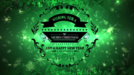 merry christmas and happy new year text banner against snowflakes and green spots of light