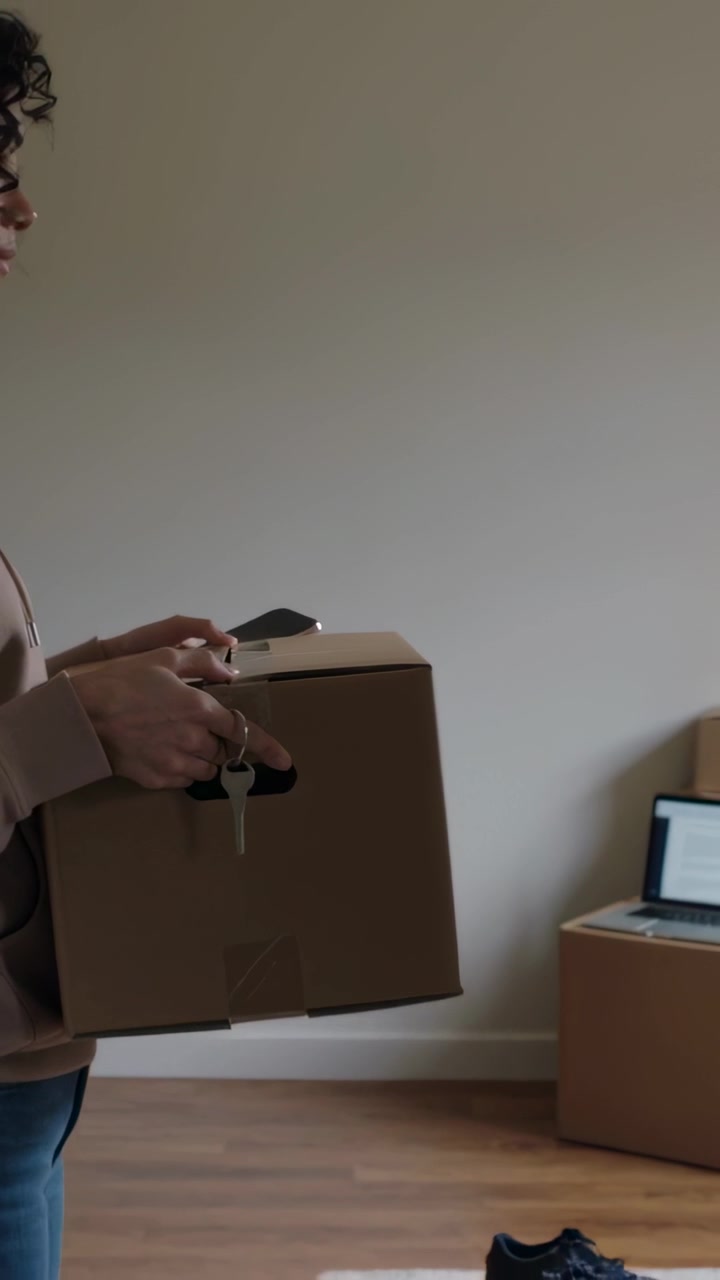 Video verticale: Donna incappucciata che raccoglie una scatola, tiene chiavi e telefono, e si sposta verso il laptop nella stanza, con spazio per il testo.