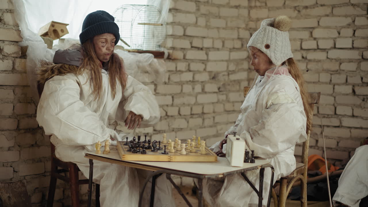 Two orphan girls dressed in white protective winter suits play intense chess game inside cold, dilapidated brick room. Faces dirty, atmosphere somber yet focused as they strategize
