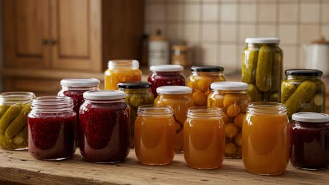 a colorful array of homemade preserves in glass jars displayed on a kitchen counter, showcasing a variety of delicacies, including jams, pickles, and juices