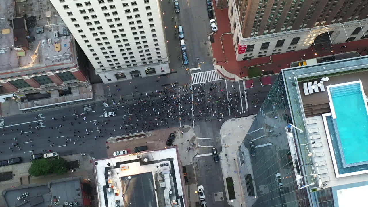 Black Lives Matter Protesting March in Downtown Baltimore USA, Top Down Aerial View. People Crown in Protest Against Police Brutality and Killing of George Floyd