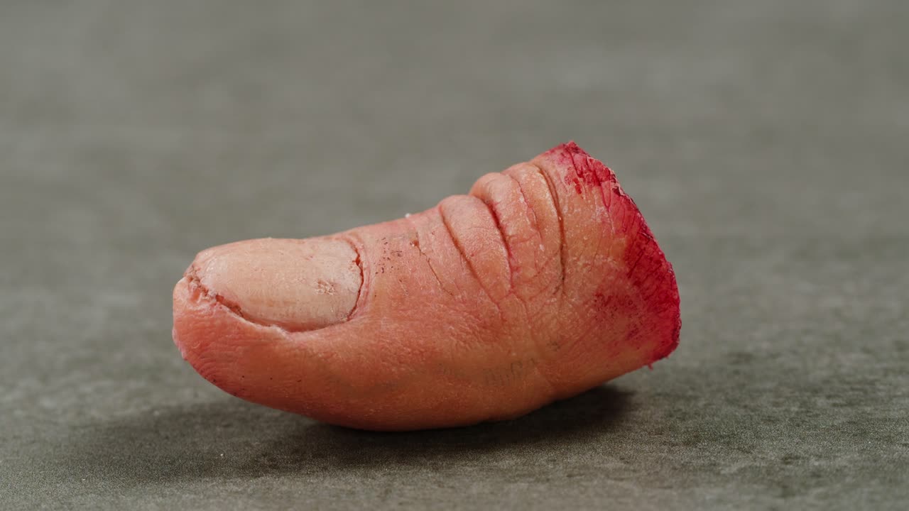 A rubber fake finger with blood close-up. Make-up equipment props for films and shooting. Bloody fake fingers for halloween and parties