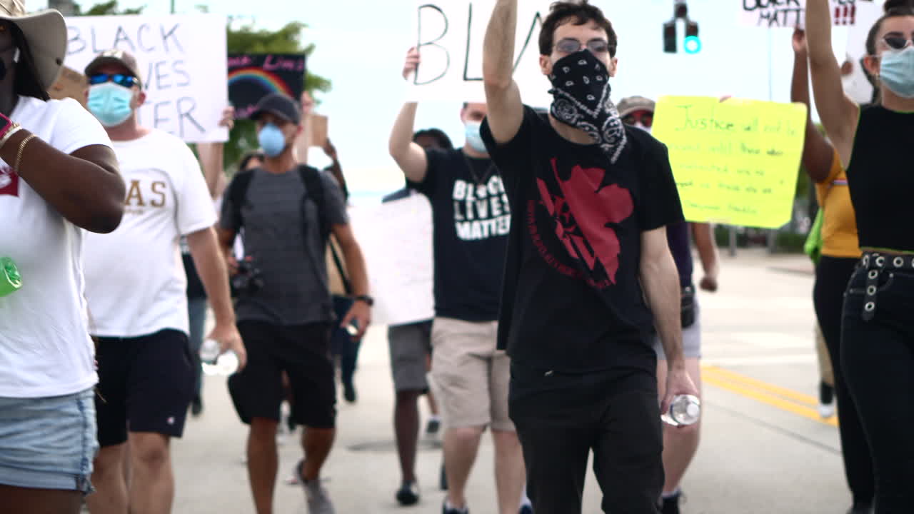 Crowd of protestors holding up banners walking past camera at Black Lives Matter protest