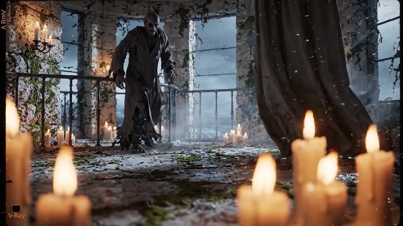 Una scena inquietante di una figura sinistra circondata da candele tremolanti in uno spazio fatiscente e invaso dalla vegetazione, che evoca un senso di mistero e un'atmosfera minacciosa.
