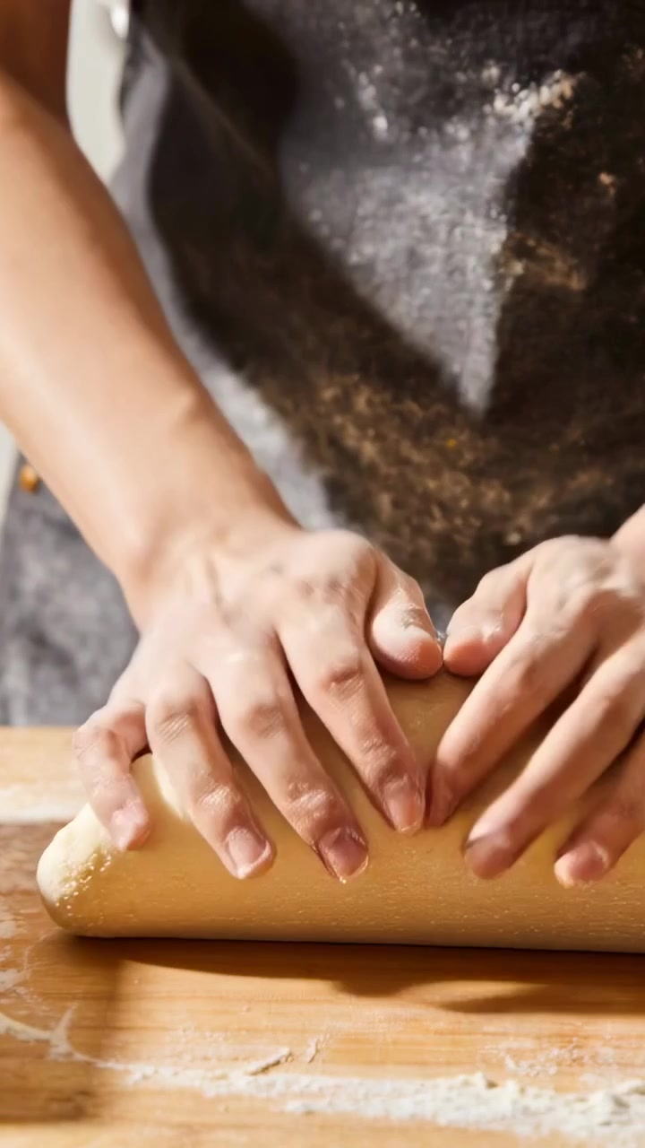 Video vertical: Colocando masa, manos presionando y amasando sobre una encimera de madera para hornear, con un delantal enharinado.