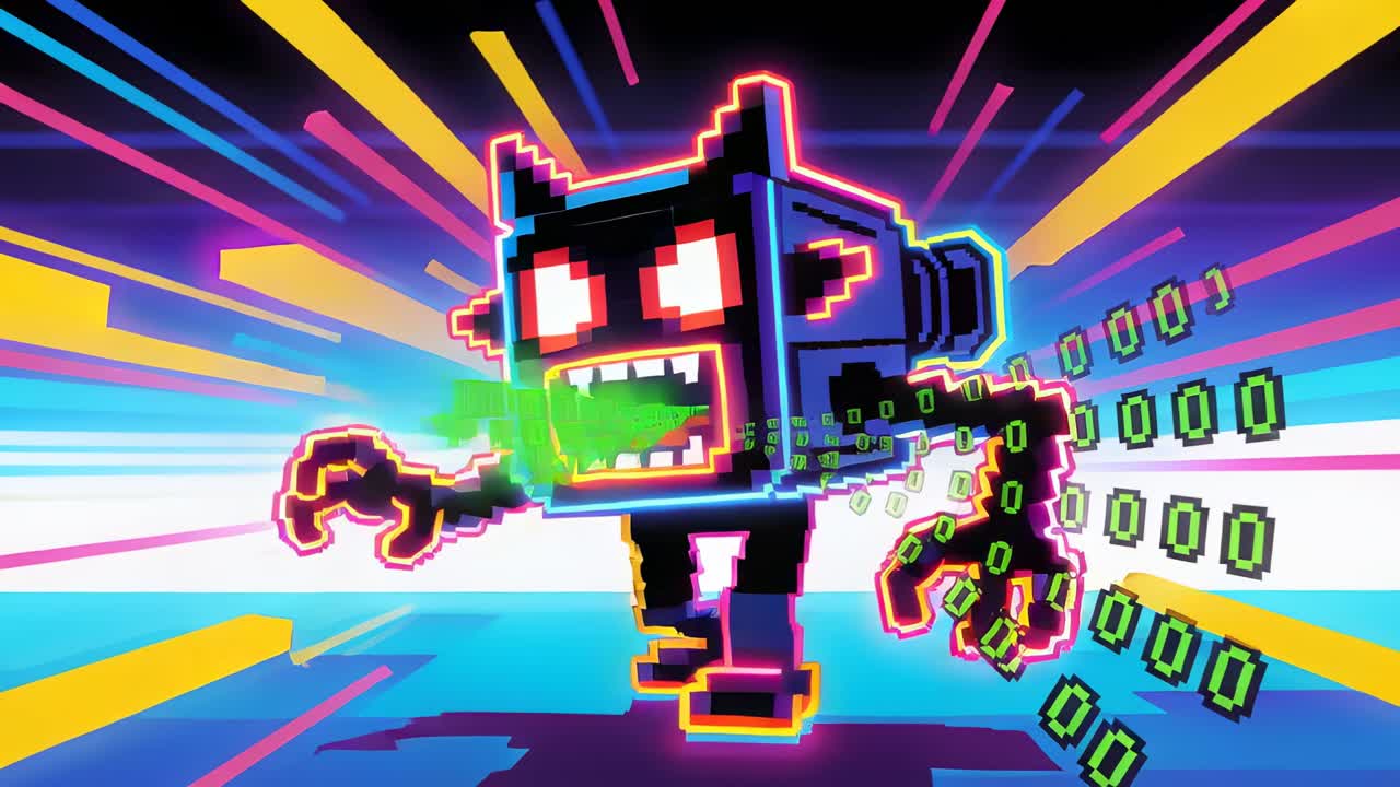 Activating pixel-art cube-headed robot advancing on neon grid, emitting green square tokens